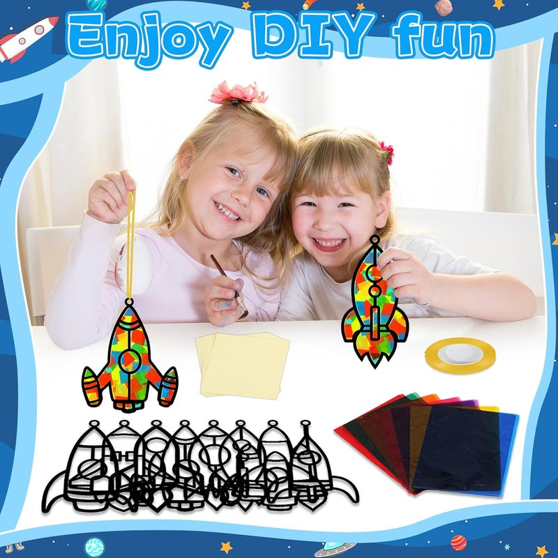 QOUBAI 32 Sets Outer Space Rocket Suncatchers Craft Kit DIY Window Stained Glass Effect Space Theme Paper Crafts for Home School Classroom Decoration Kid Birthday Gifts Creative Art Projects Activity Game - Image 3